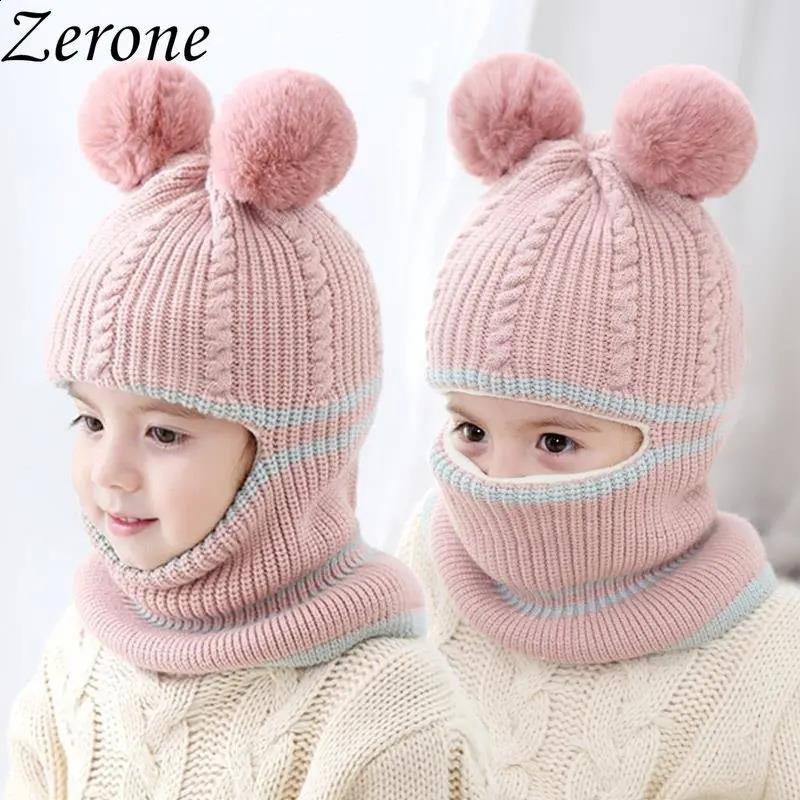 Winter Childrens Cute Plus Velvet Thick Wool Knitted Ball Hat for Girls Korean Version Warm Scarf Boys and Children Hedge 240925