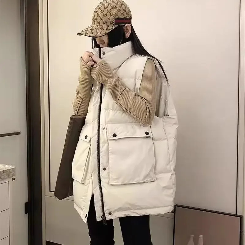 Niche Womens Mid to Long Autumn/Winter Loose and Loose Inflatable Jacket Large Pocket Vest Fashion Jacket 240925