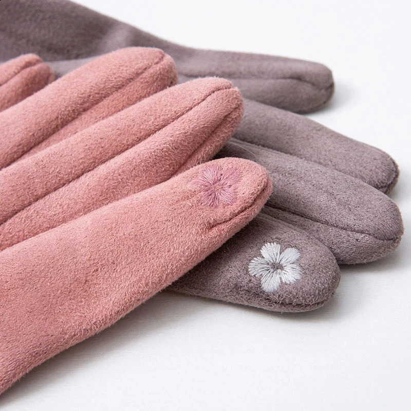 Korean Suede Leather Sports Cycling Warm Gloves Womens Winter Plus Velvet Thicken Full Finger Touch Screen Driving Mittens H92 240914