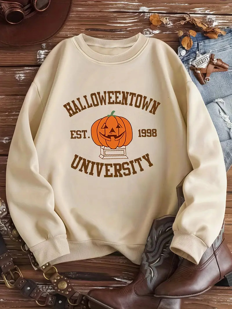 Women's Halloween Pumpkin Print Casual Crew Neck Sweatshirt, Long Sleeve, Plus Size