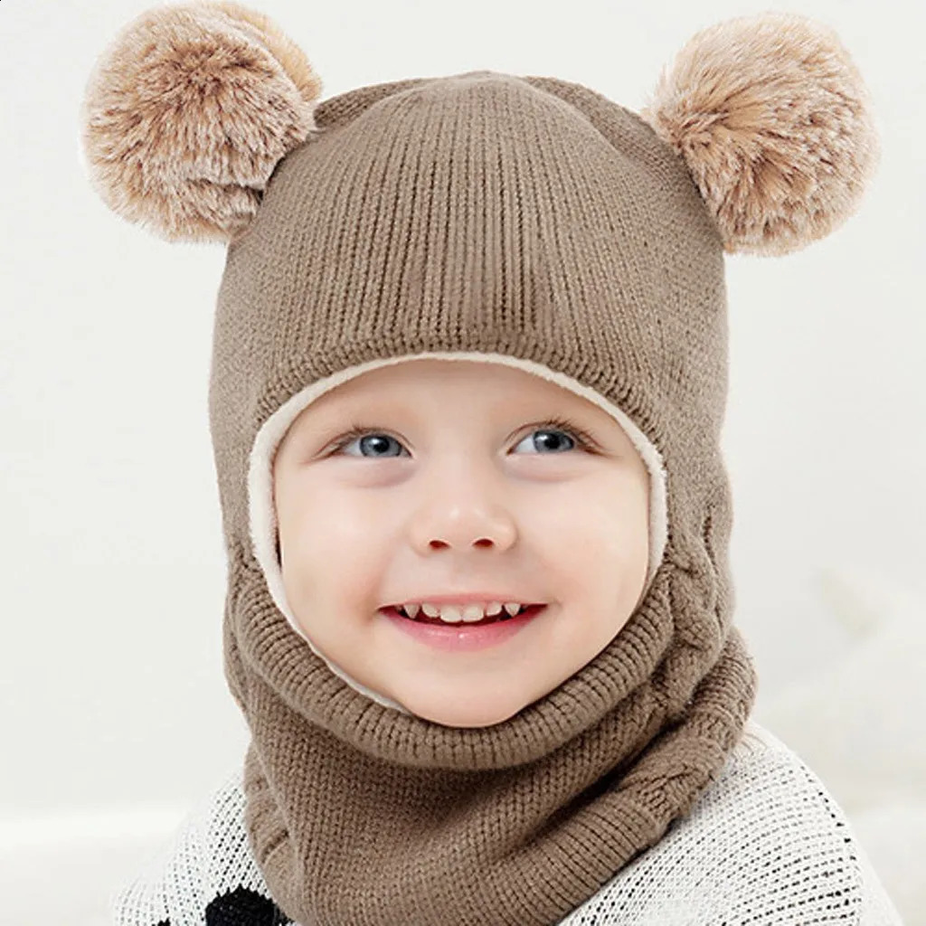 Autumn and Winter Childrens Hat Cartoon Knitted Baby Boys Girls Peek with Wool Lining Scarf 240925