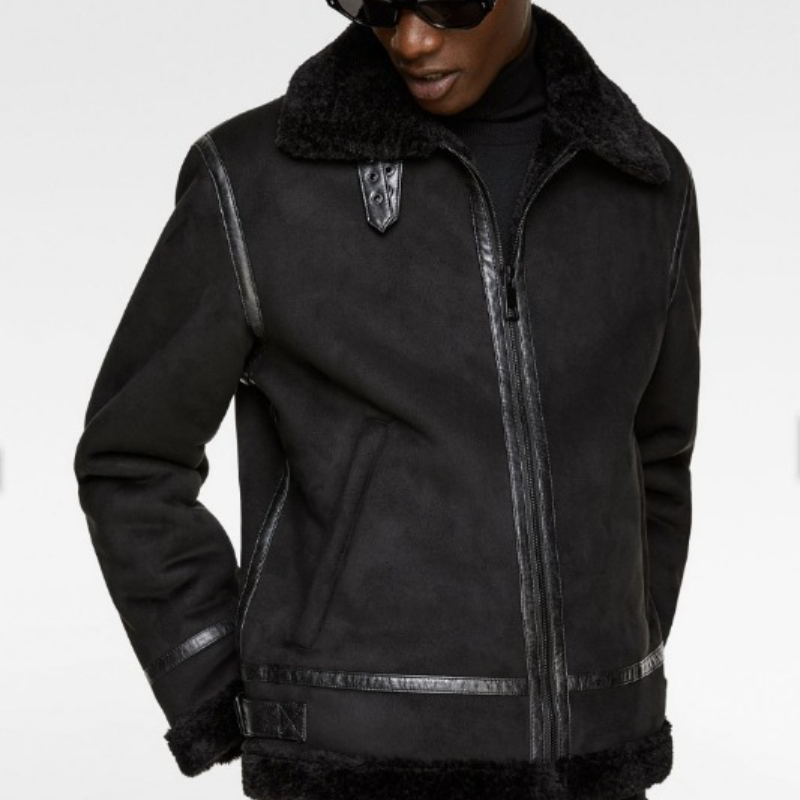 High-Quality Lapel Suede Cashmere Piping Double-Sided Motorcycle Punk Winter Leather Jacket For Men Warm Winte
