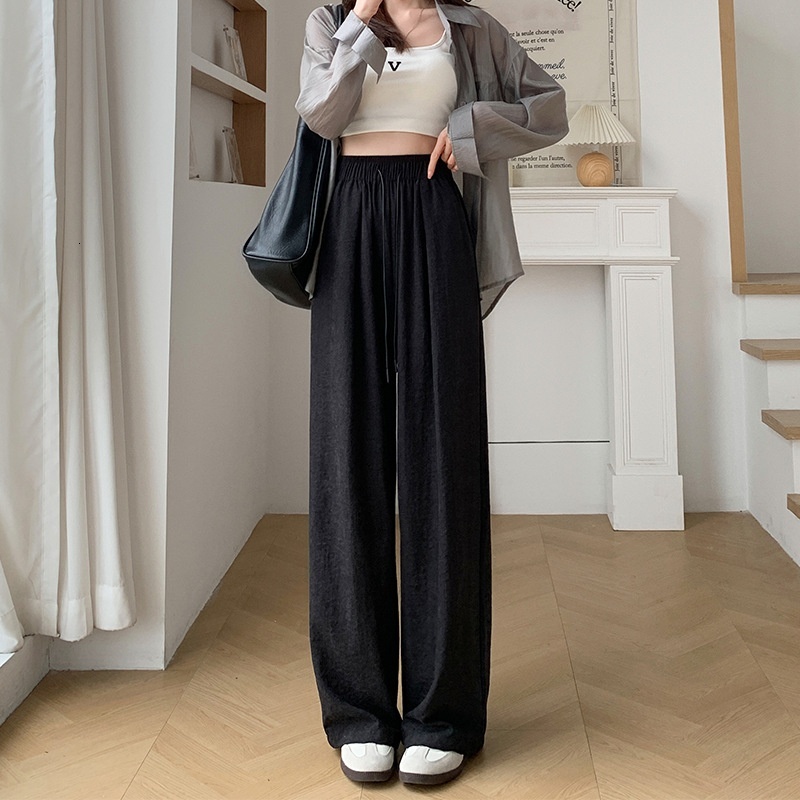 Naifushan women's spring/summer 2024 new high waisted, short stature vinegar straight lazy style ice silk wide leg pants