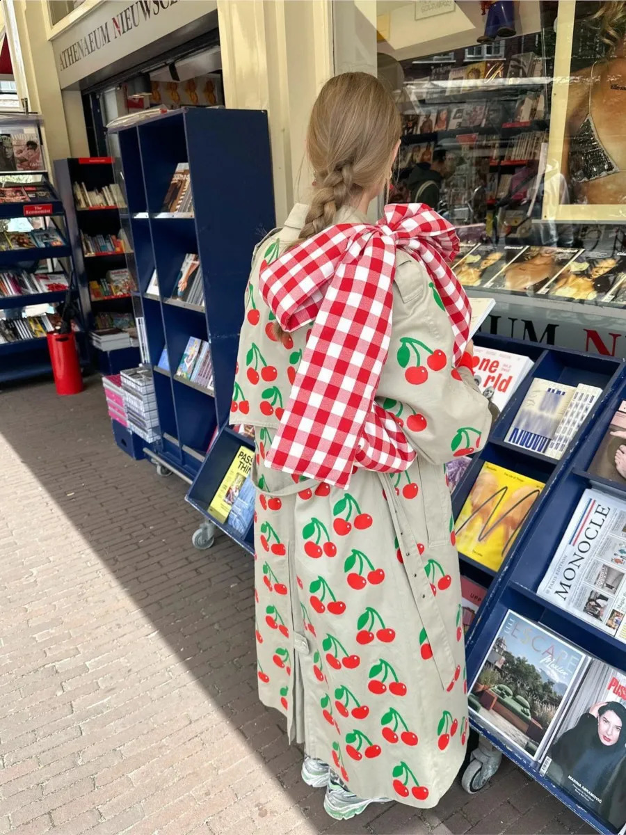 Autumn Fruits Graphic Print Long Trench Coat Women 2024 Single Breasted Long Sleeve Outerwear Vintage Fashion Trench Jackets 240918