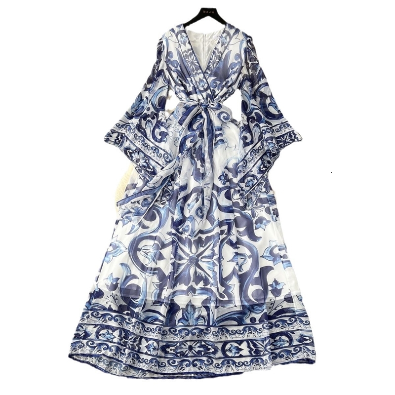 Designer Womens Casual Dresses Luxury Temperament Long Sleeved V-neck Slim Blue And White Porcelain Positioning Silk Dress