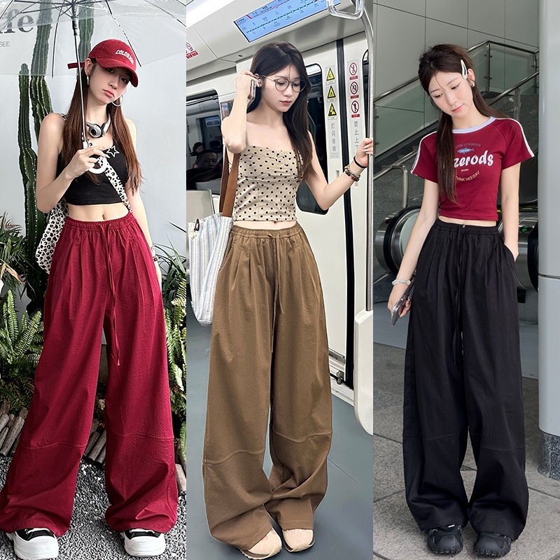 Quick drying sports for women, 2024 autumn new product, high waisted loose casual pants, hanging red straight American wide leg pants