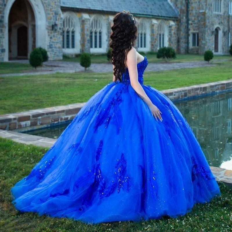 Royal Blue Ball Gown Quinceanera Dresses Princess Off The Shoulder Applique Beads Tulle Vestidos De 15 Anos Birthday Party Sweet 16 Dress