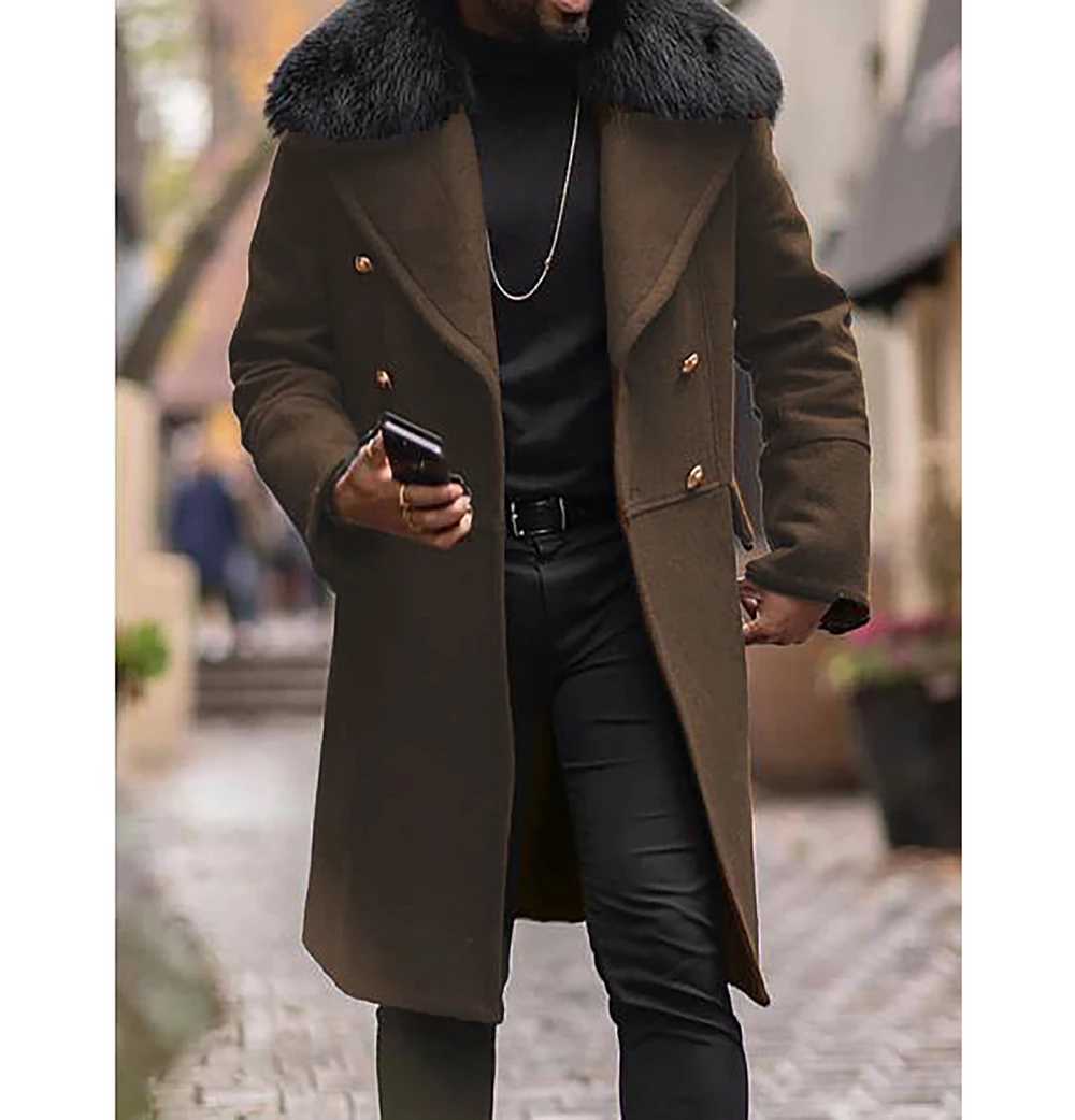 Winter warm mens European and American wool coats with double-layer high-quality fur collar and medium length mens coats W240925
