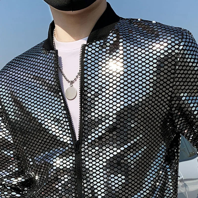 Fine Fashion Sequin Casual Mens Slim Jacket Lightweight Standup Collar Coat Bomber 240924