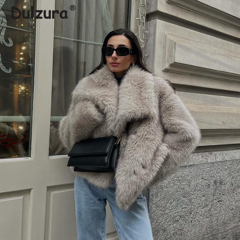 Gradient Fluffy Coat Women 2024 Winter High Street Big Collar Furry Faux Fox Fur Jacket Female Overcoats