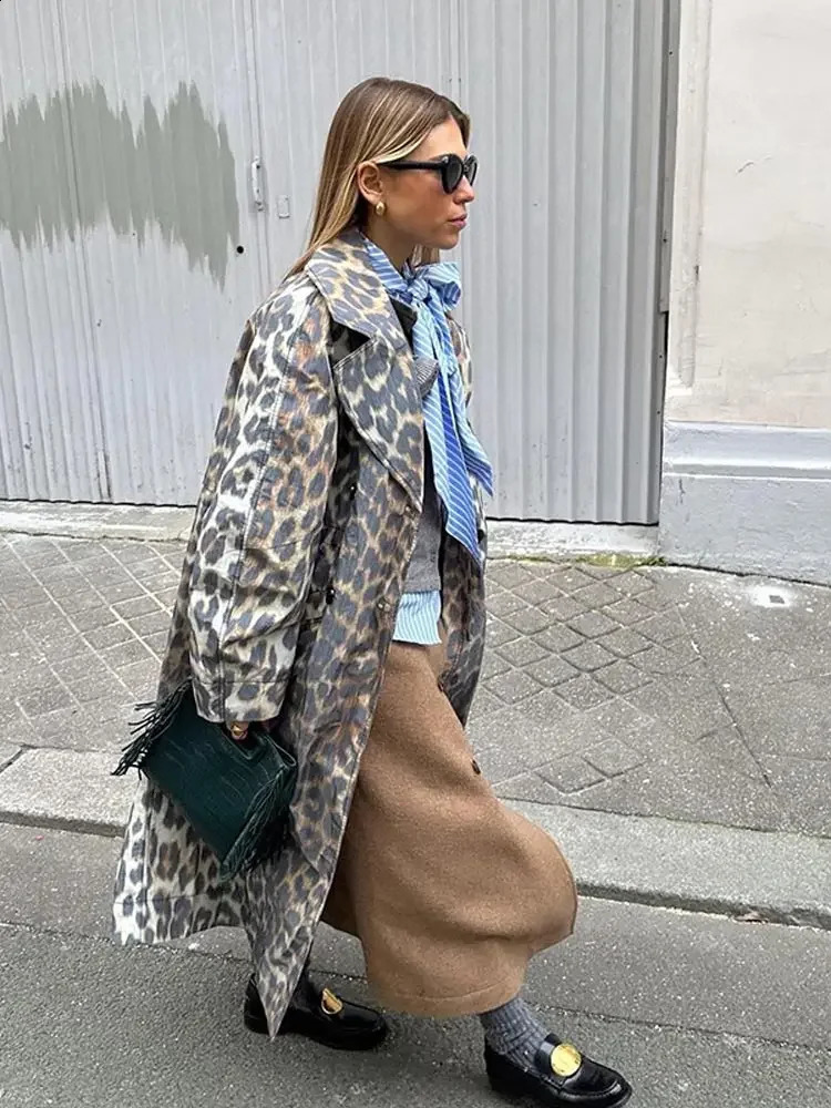 Vintage Leopard Print Single Breasted Long Overcoats Lapel Full Sleeve Pocket Loose Windbreak Coat Fashion Lady Commute Outwear 240918