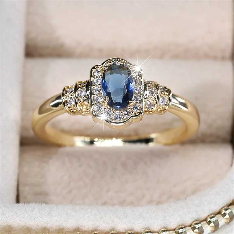 Royal Blue Stone Small Oval Wedding Bands Antique Gold Color Vintage Zircon Stacking Engagement Party Rings For Women Jewelry CZX240926