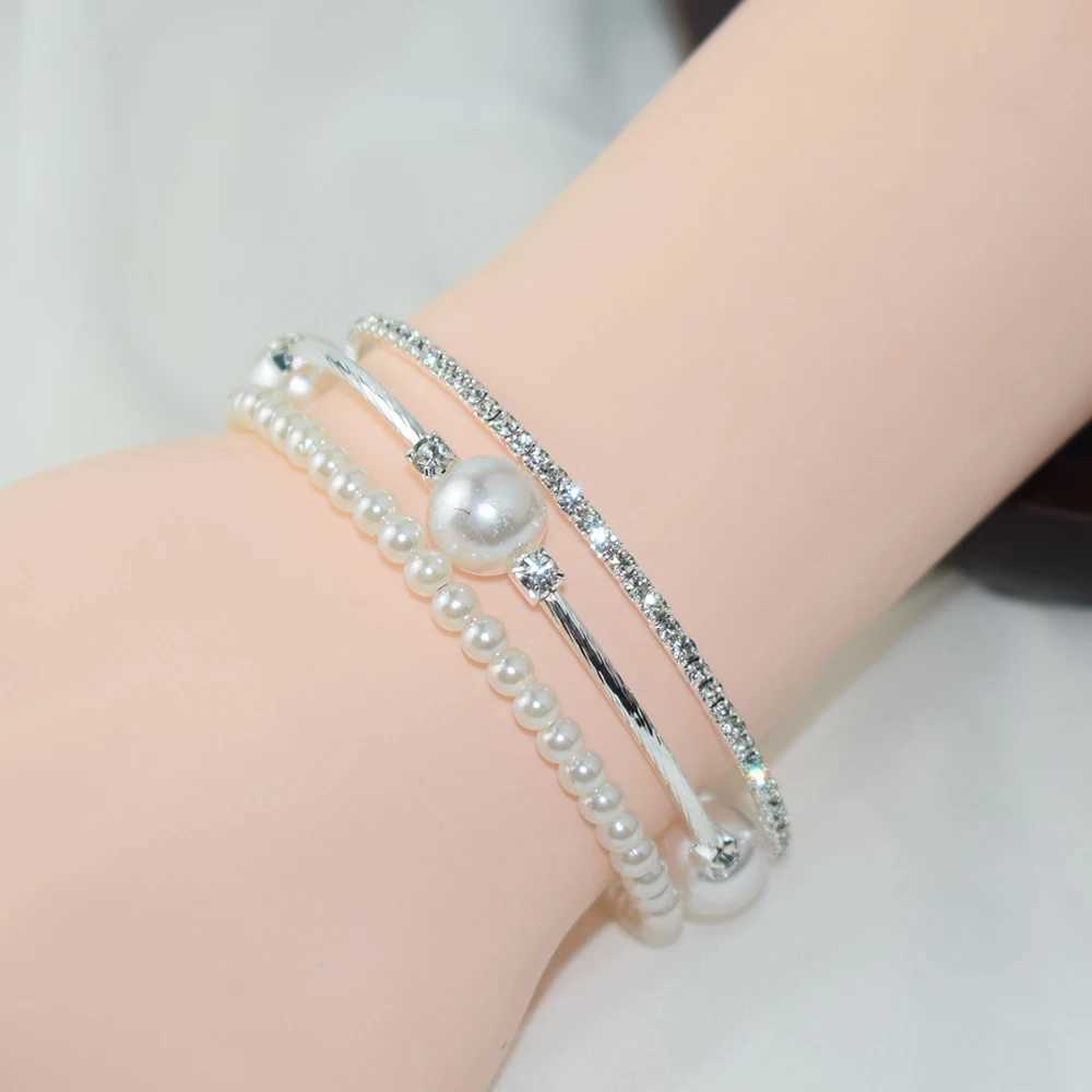 Crystal Pearl Bracelet Womens Rhinestone Multi layer Adjustable Bracelet Cuffs Gold Silver Plated Charm Bracelet Jewelry Gift W240925