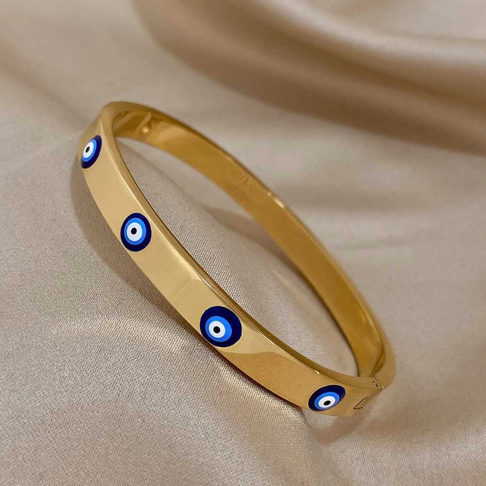 Dodohao Boho Blue Human Evil Eye Stainless Steel Bracelet for Womens Charm Simple Lucky Gold Plated Thin Chain Jewelry W240925