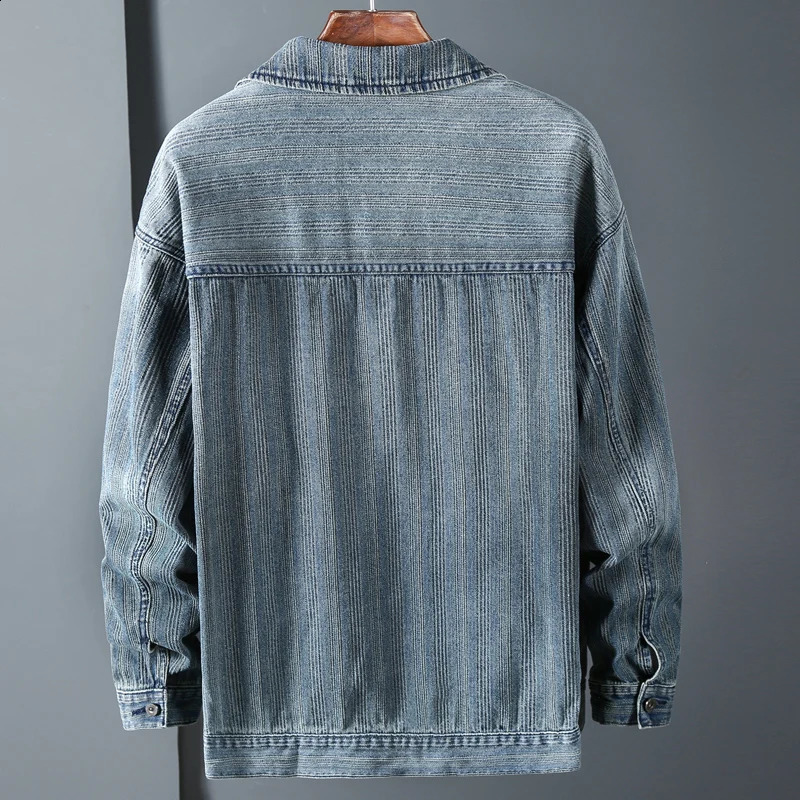 Mens retro striped blue denim jacket autumn Korean fashion pocket elastic cotton casual Plus size 5XL 240921