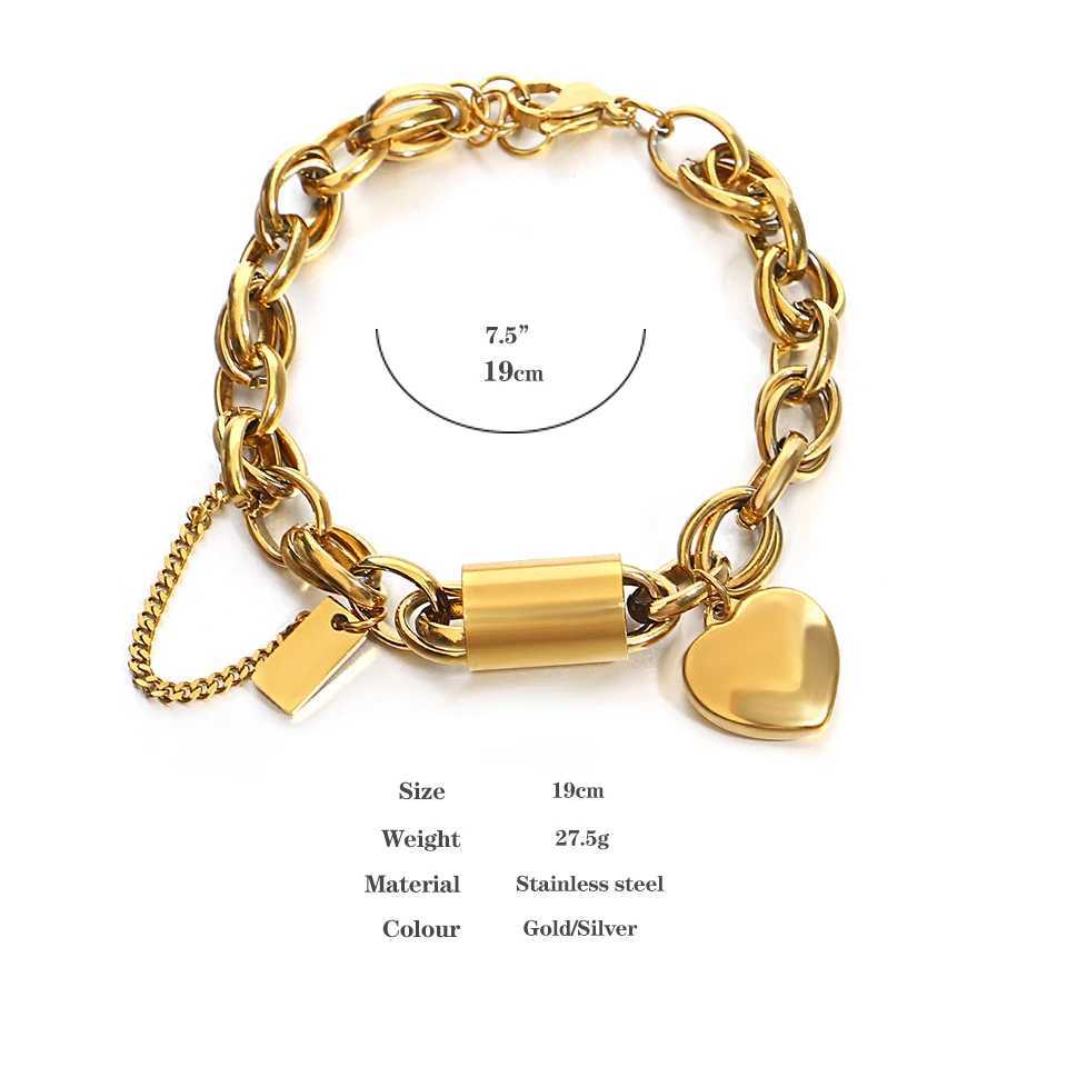 Heart Lock Stainless Steel Charm Bracelet Thick Plated Gold Chain Christmas Gift W250411