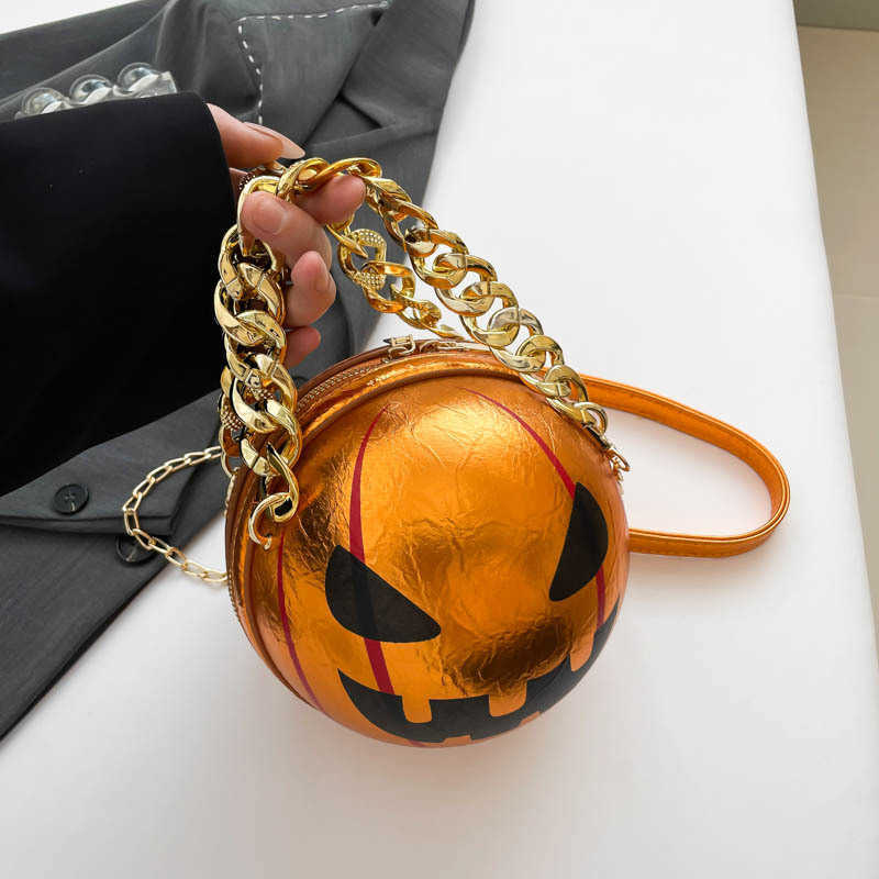 Personalized Pumpkin Small Bag Halloween Fun Girl Funny Thick Chain Handheld Crossbody Small Round Bag 240915