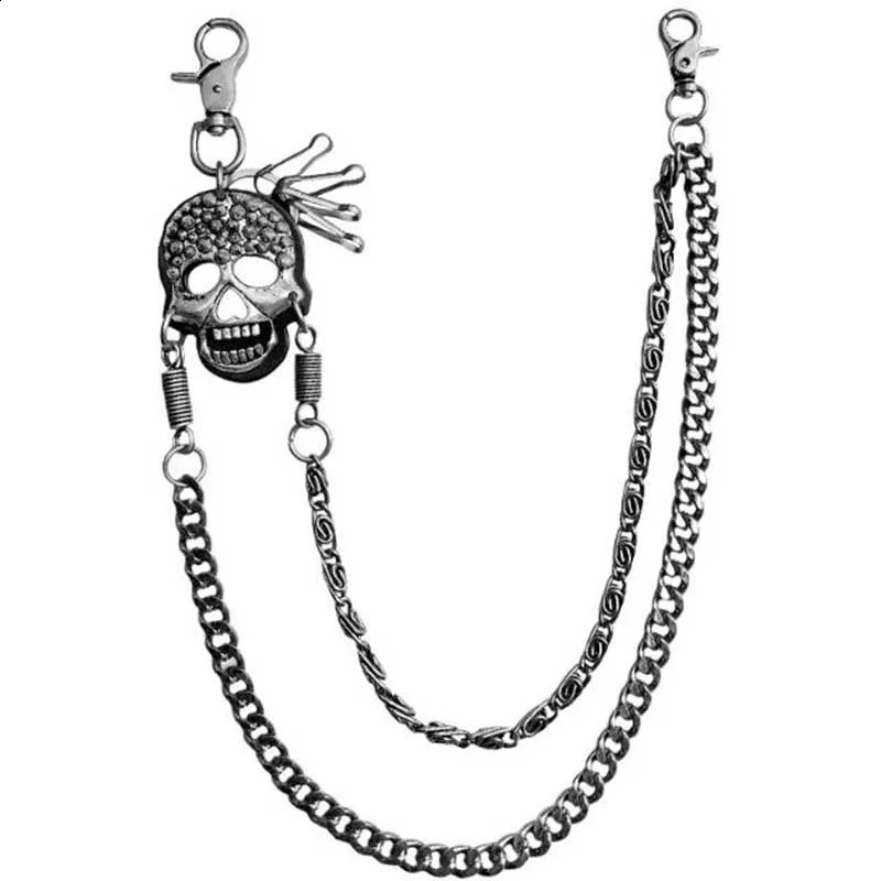 Trendy Rock Mens Skeleton Ghost Head Metal Chain Hip Hop Punk Jeans Pants Trouser Waist Chain Double Chain Bicycle Keychain Prop 240924