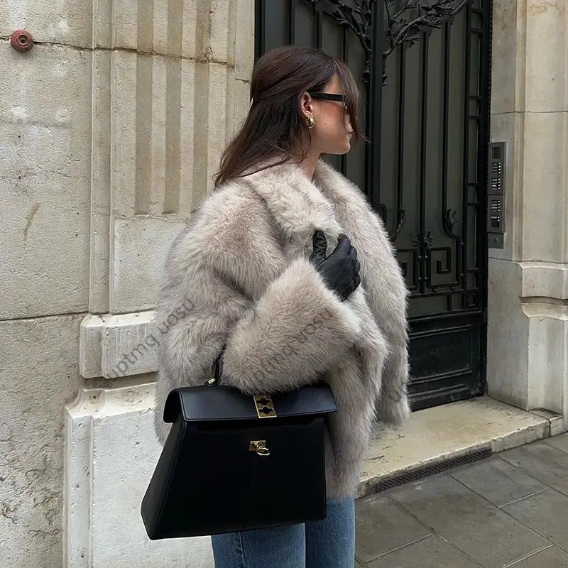 Faux Fur Jacket Women Cropped Lapel Collar Animal Natural Color Fuzzy Winter Coat Fashion Brand Iconic Vibe Outfit Parka Outwear