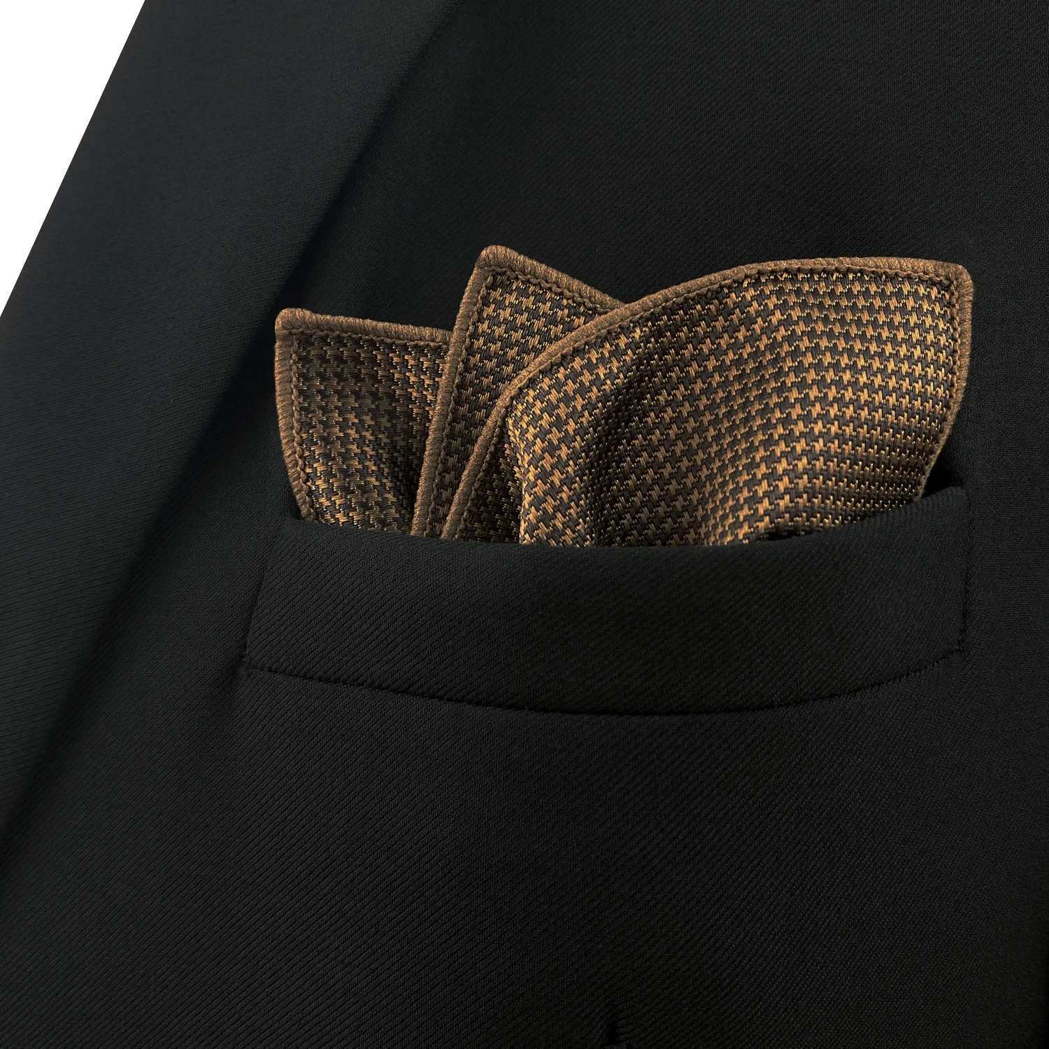 7 Brown Houndstooth Necktie Set Handmade Wedding Fashion Extra Long Size Classic Ties for Mens Hanky X2504071