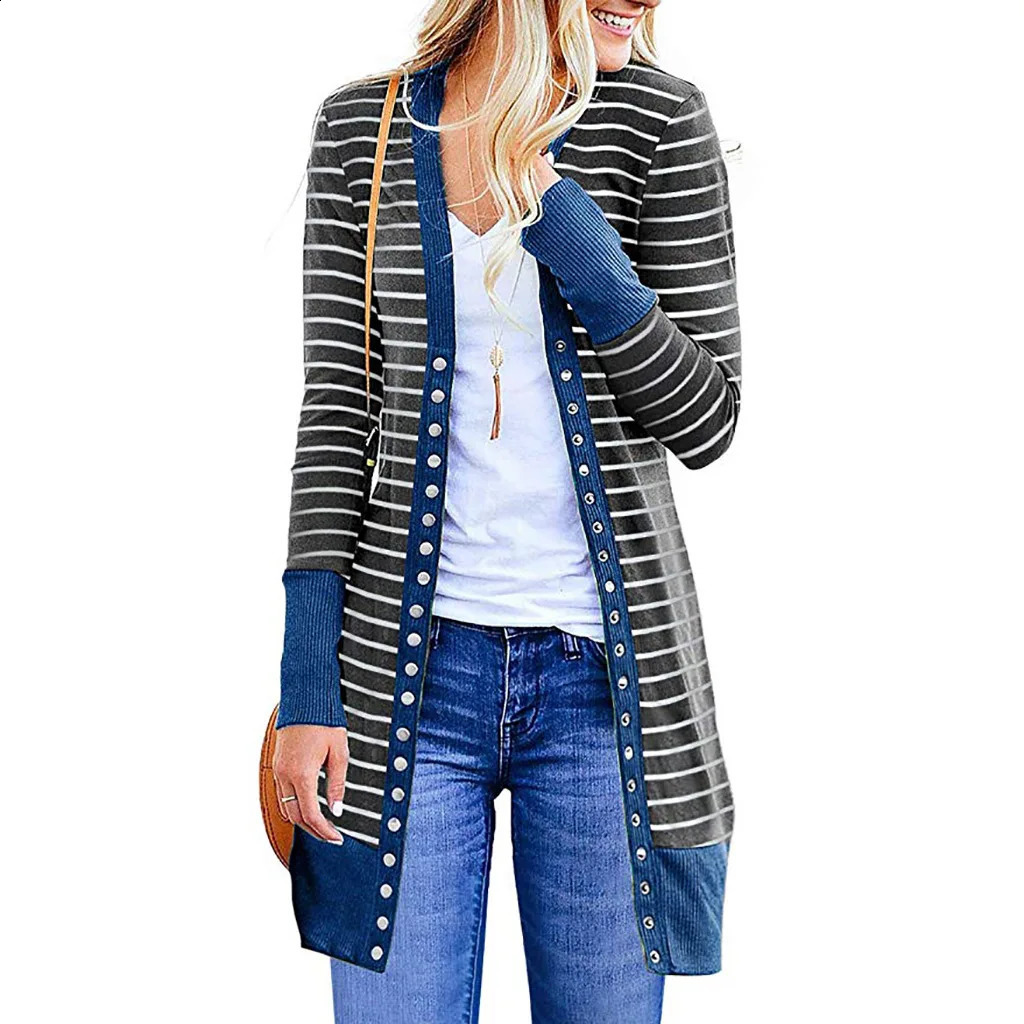 AutumnWinter 2024 Europe and the United States plus size womens fashion long button striped cardigan coat 240919