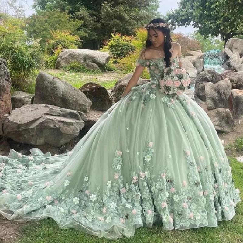 Sage Green Shiny Quinceanera Dresses Ball Gown Off The Shoulder Applique Lace Beaded Tull Sweet 16 Dress Vestido 15 De Anos