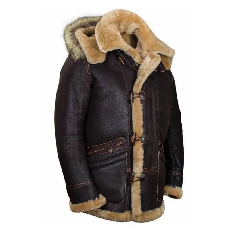 Mens Winter Leather Jacket Outdoor Warm Hooded Flip Collar Suede Coat Casual Motorcycle Windproof Plush Coat 240926