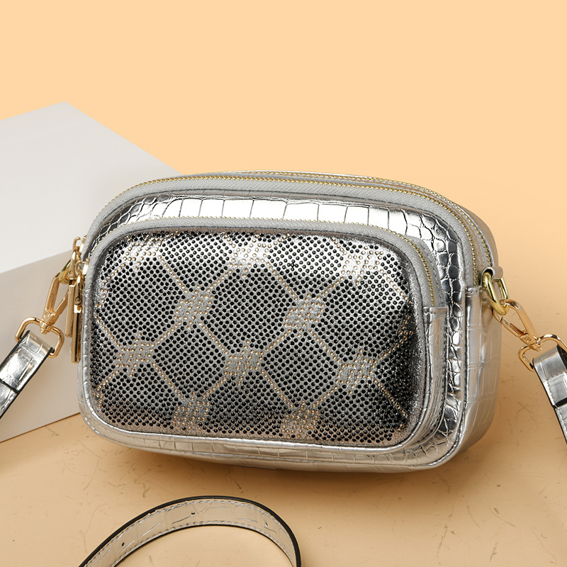 Free Shipping Foreign Trade Dia-encrusted Camera 2024 New Cross-border Crocodile Pattern Trendy Messenger Small Square Bag Women's Shoulder