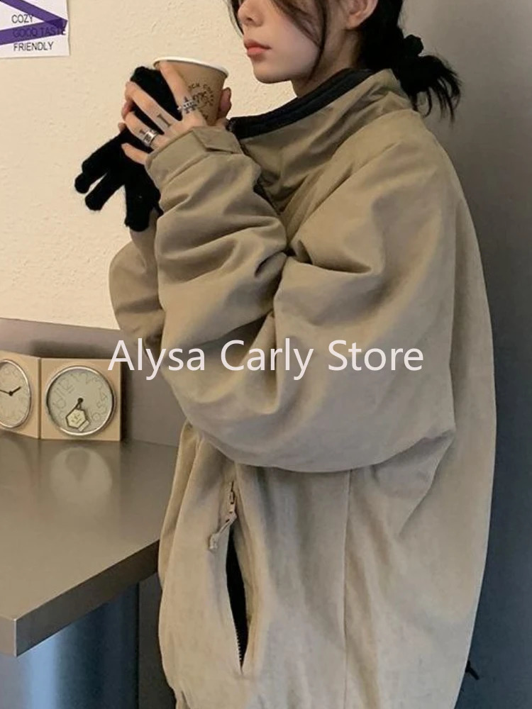 Casual High Street Parkas Women Winter Warm Korean Khaki Zipper Streetwear Coat Female Fashion Trend Vintage Outerwear 2024 240918