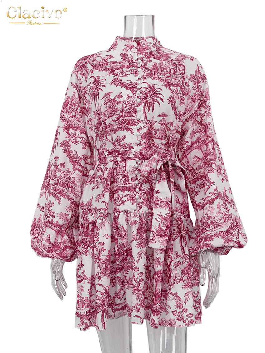 Clacive Casaul Loose Print WomenS Dress 2023 Fashion Stand Collar Puff Sleeve Mini Dresses Elegant LaceUp Pleated Female 240915
