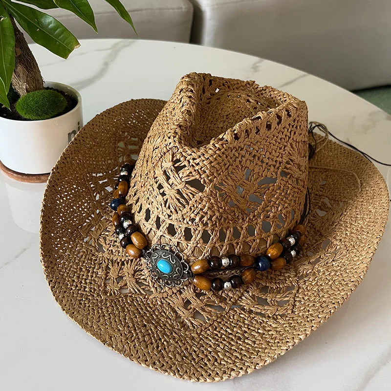 Vintage Summer Beach Bohemian Straw Hat Shell Womens Western Cowboy Hat Wooden Bead Hollow Sun Hat Holiday Hat 240924