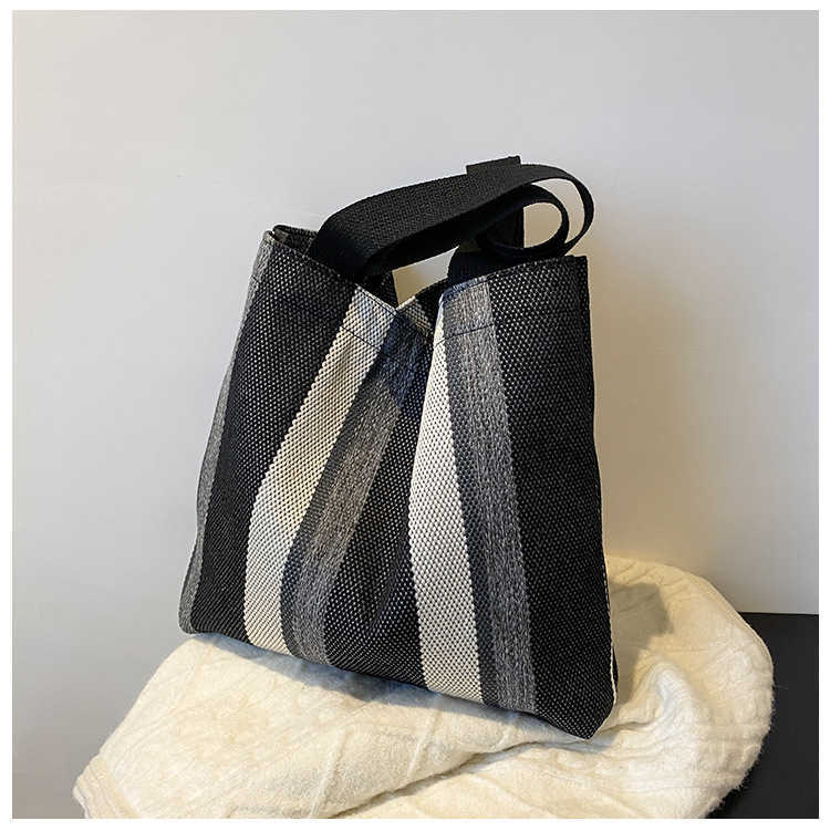 CMM Korean Canvas Shoulder Bag Autumn Winter New Artistic Stripe Large Capacity Student Tote Bag Fashion Shopping Bag