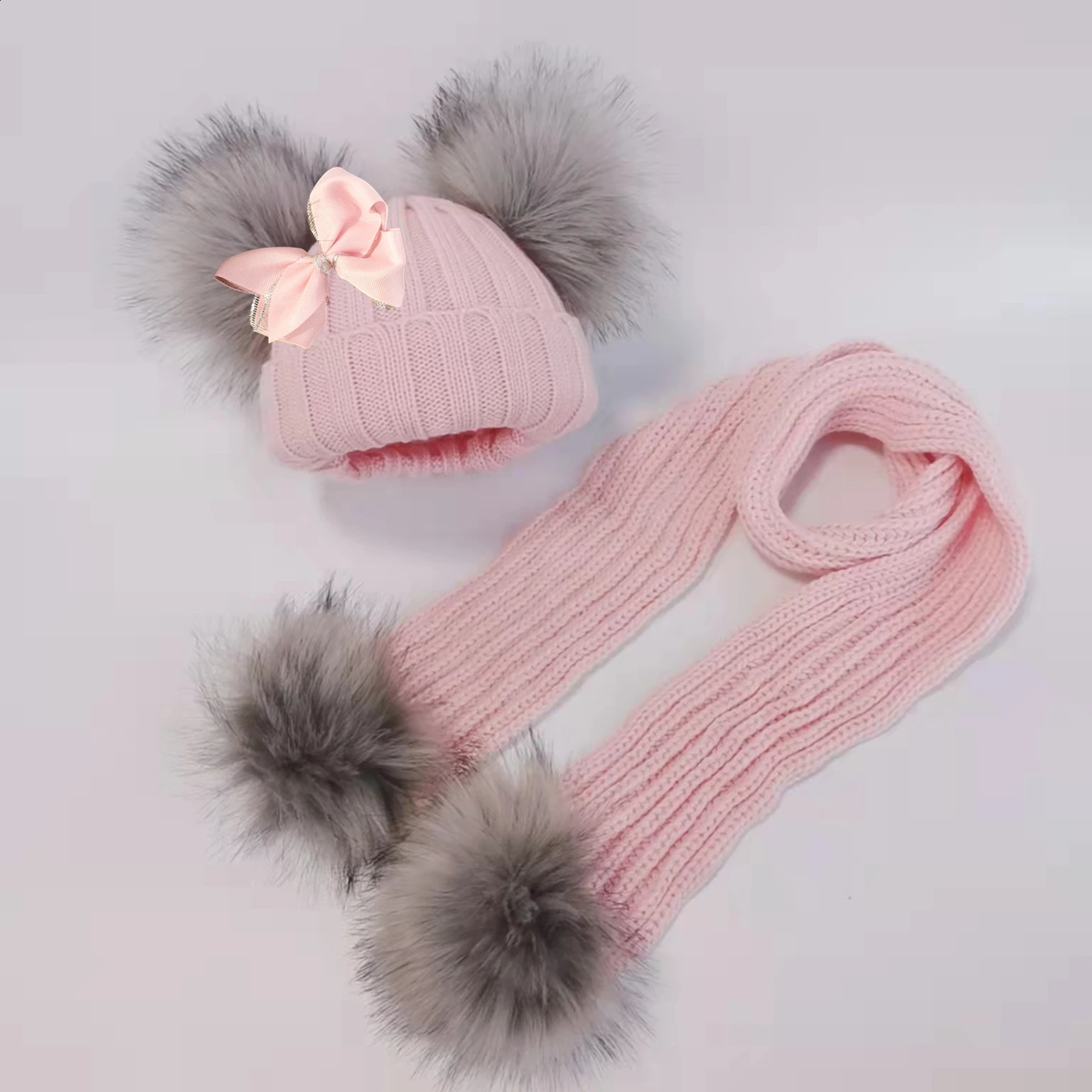 Winter children toddlers infants faux fur butterfly straps hats and bunnies with two double pom poms scarf girl ear caps 240925