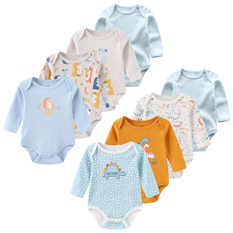 Neutral cotton baby girls clothing set 4piece long sleeved born boys printed tight fitting solid color Anmian 240925