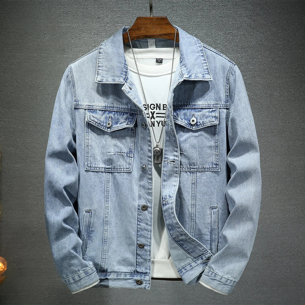 Mens casual jacket light blue washed thin collar elastic mens denim fashion trend 240921