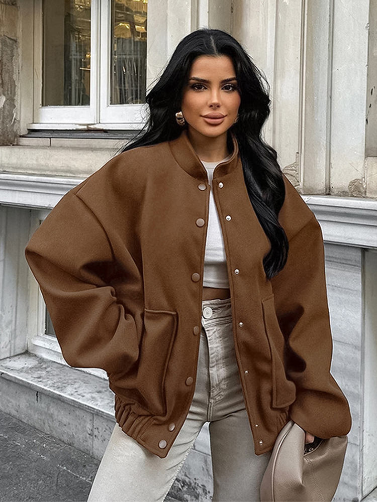 Retro Casual Woolen Button Brown Coats Women Loose Stand Collar Jackets With Pockets Female Autumn Chic High Street Outwear