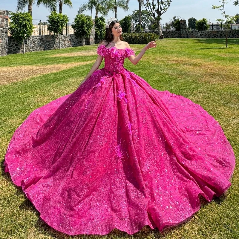 Rose Red Princess Sparkly Quinceanera Dresses off the shoulders Crystal Tassel Corset Lace-up Vestidos 15 De xv Anos Sweet 16 Dress
