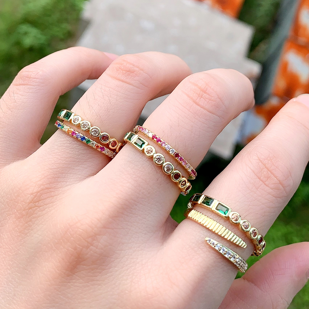 Geometric Rainbow CZ Gold Stacking Engagement Ring | Thin Cubic Zirconia Band