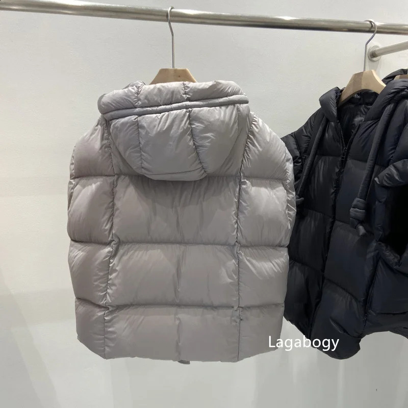 Lagabogy Winter Womens Chic Hooded Zipper Inflatable Coat 90% White Duck Down Vest Womens Casual Loose Sleeveless Warm Tank Top 240925