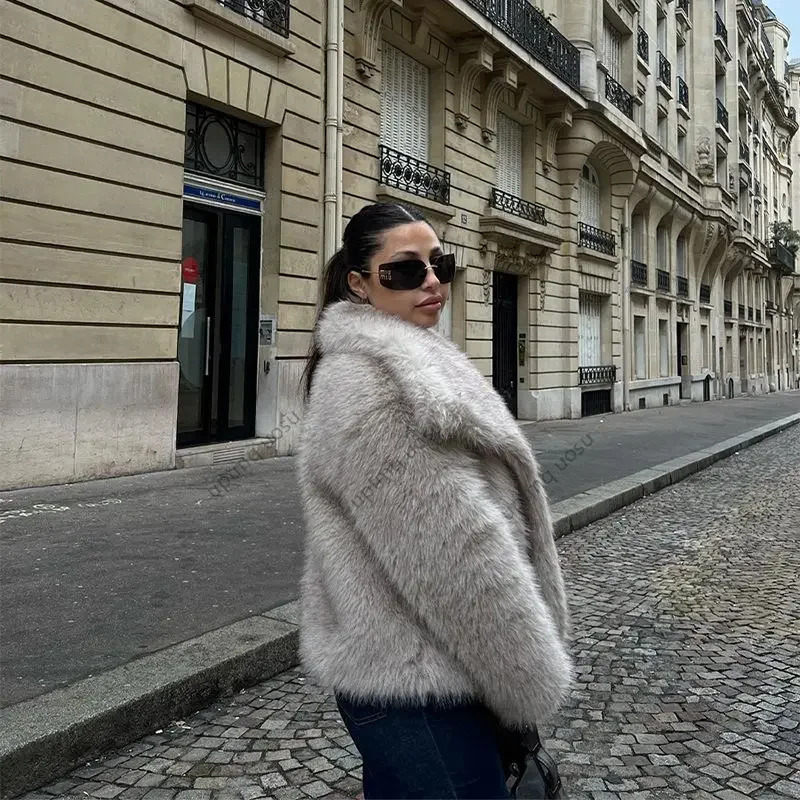 Old Money 2024 Winter Faux Coat Women Big Lapel Collar Iconic Vibe Fuzzy Fox Fur Jacket Grey Gradient Fashion Parka Outwear
