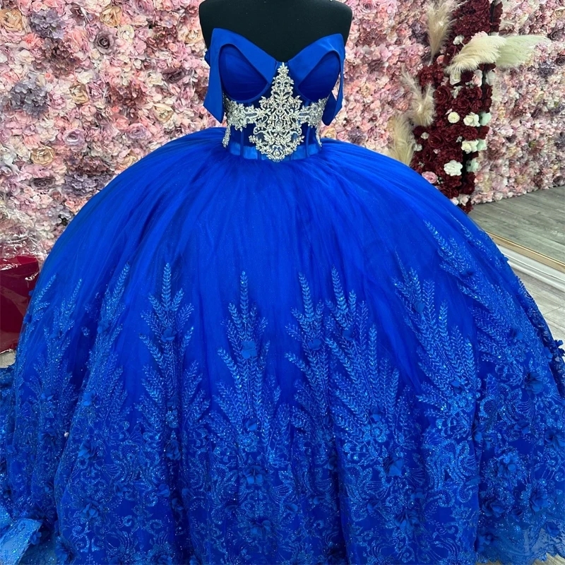 Royal Blue Sparkly Quinceanera Dresses Off The Shoulder Sequin Applique Beading Tull XV Sweet 16 Dress Ball Gown Vestidos De 15 Anos