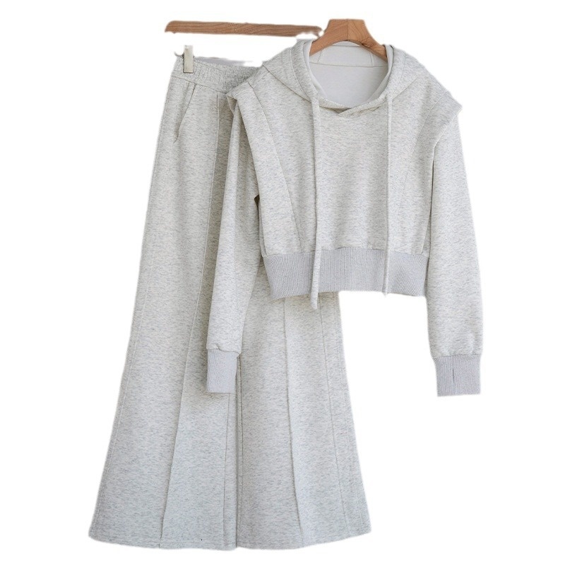 2024 Autumn/Winter New Product Fashion Set Women's High Waist slimming casual sports hooded sweatshirt jacket Knitted wide leg pants