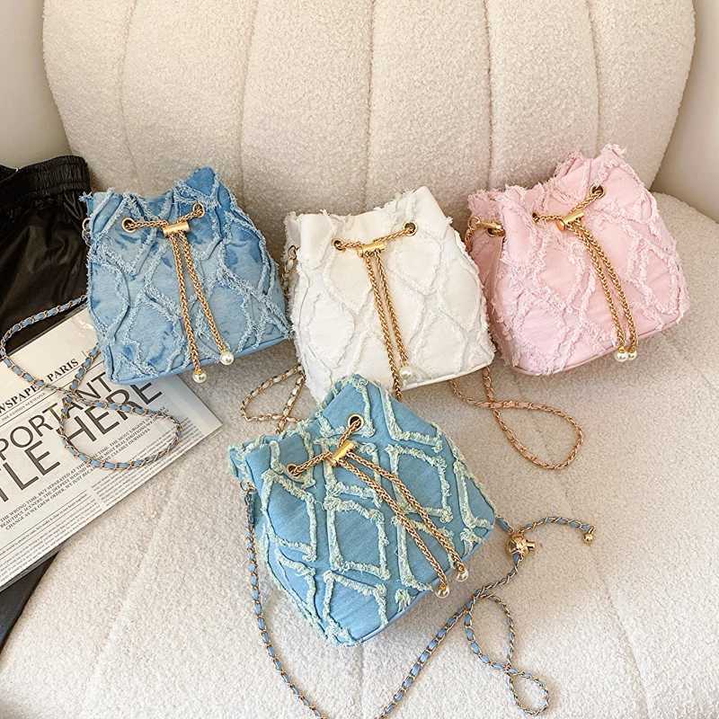 Canvas Womens Bag Pearl String Bucket Diamond Lattice Bags for Women Trend Metal Ball Chain Shoulder Sling Female Purse M240925