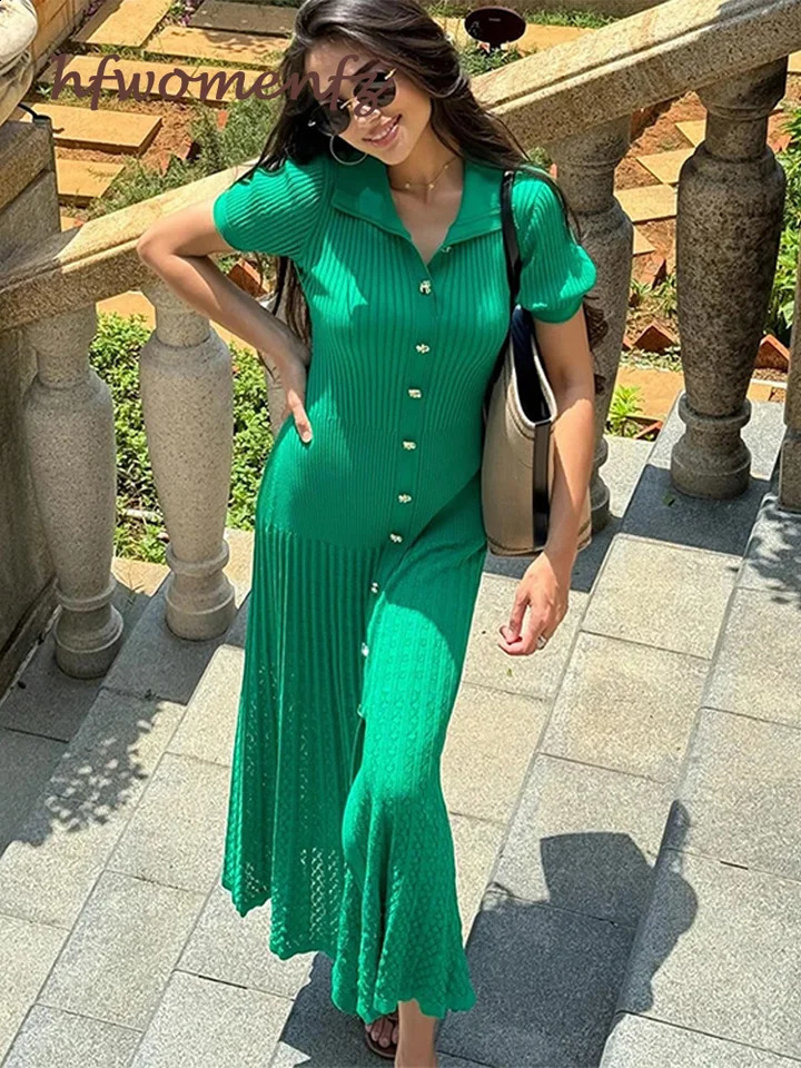 Splicing Maxi Dress Womens Short Sleeve Hollow Outer Rib Long Party Dress Elegant O-Neck High Waist Womens Knitted 240926