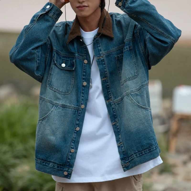 Retro washed old denim jacket mens autumn style Japanese loose patchwork n warm 240921