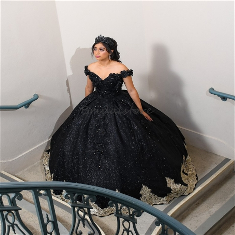 Sparkly Black Charro Quinceanera Dresses With 3D Florals Off Shoulders Glitter Appliques Lace Mexican Birthday Party Dress 2025 Halloween Gothic Debut