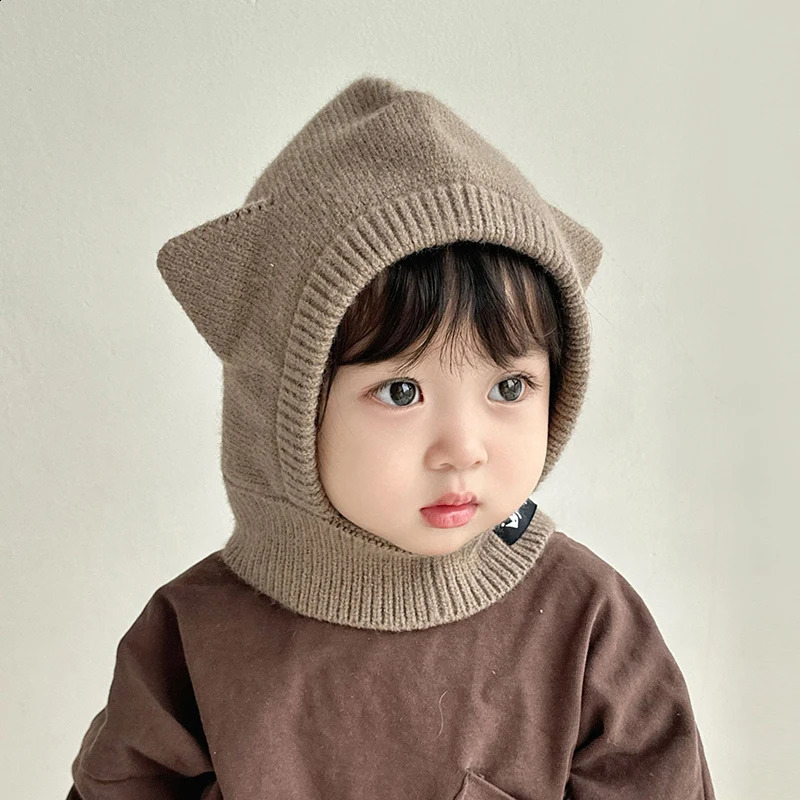 Cartoon Baby One Piece Hat Scarf Winter Warm Knitted Ear Protection Bean Cute Solid Color Childrens Balaclava 240925
