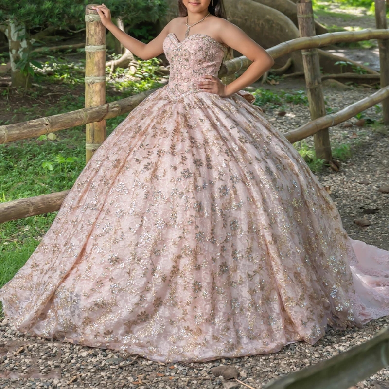 Sparkly Pink Ball Gown Quinceanera Dresses Sequin Applique Beads With Bow Birthday Party Sweet 16 Dress Vestidos De 15 Anos