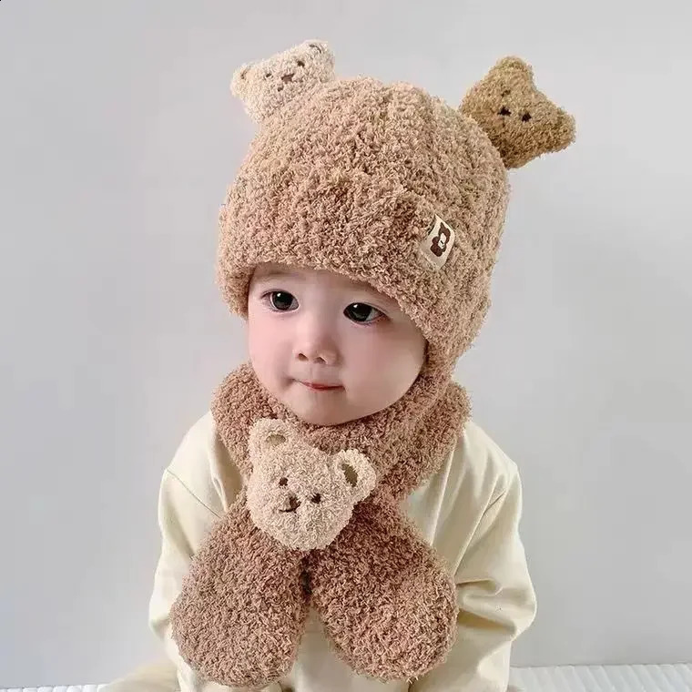 Childrens winter bear hat scarf set childrens earmuffs shawl warm wool bag baby girl boy neck 240925