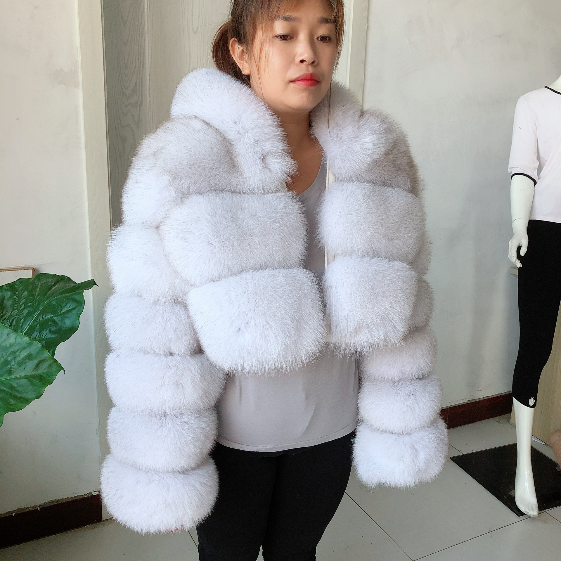 Natural New High Street Women Winter Jacket Real Fox Natural Raccoon 3 Rows Hooded Fur Coat